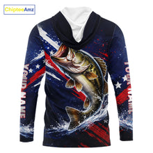 Load image into Gallery viewer, American Flag Fishing Shirt, Bass Long Sleeve Hooded Fishing Shirts, Bass Fishing Tournament Shirts|Blue NBT433