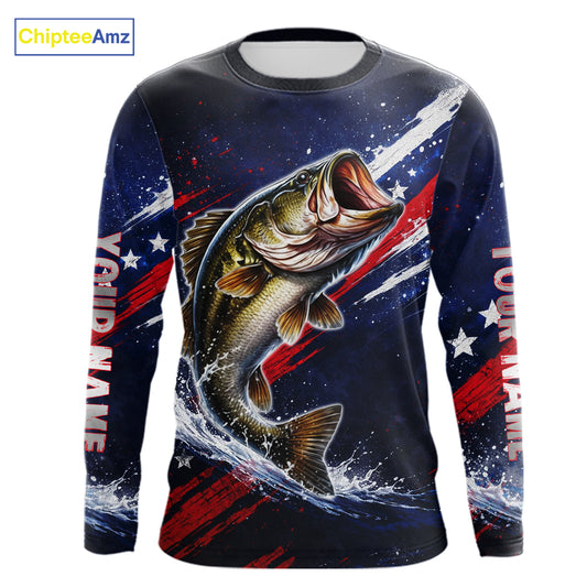 American Flag Fishing Shirt, Bass Fishing Shirts Long Sleeve, Bass Fishing Tournament Shirts| Blue NBT433