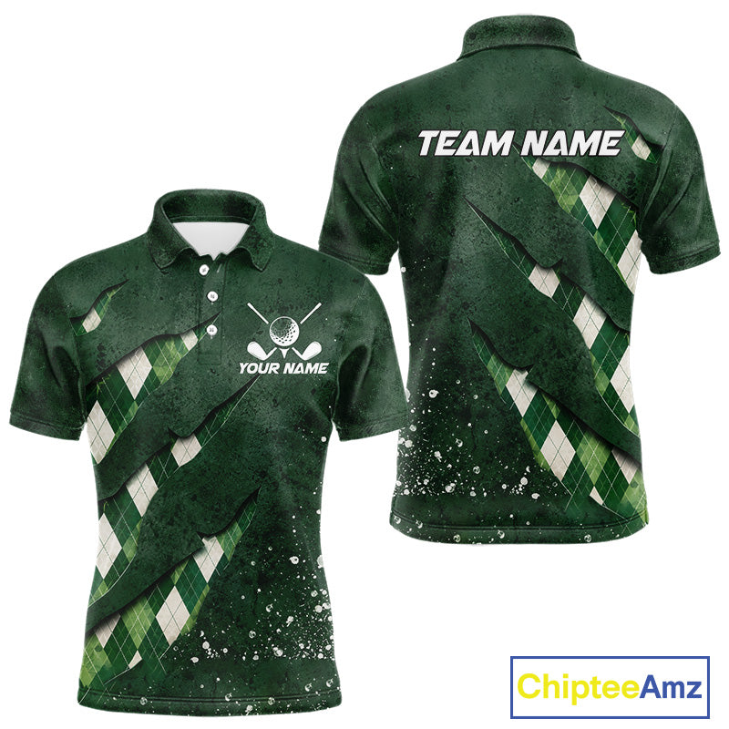 Front and back views of a green argyle plaid pattern golf polo shirt, chest name text, and team name on the back.
