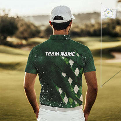 Back view of a green argyle plaid pattern golf polo shirt with “Team Name” on the back.