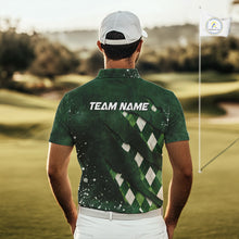 Load image into Gallery viewer, Back view of a green argyle plaid pattern golf polo shirt with “Team Name” on the back.