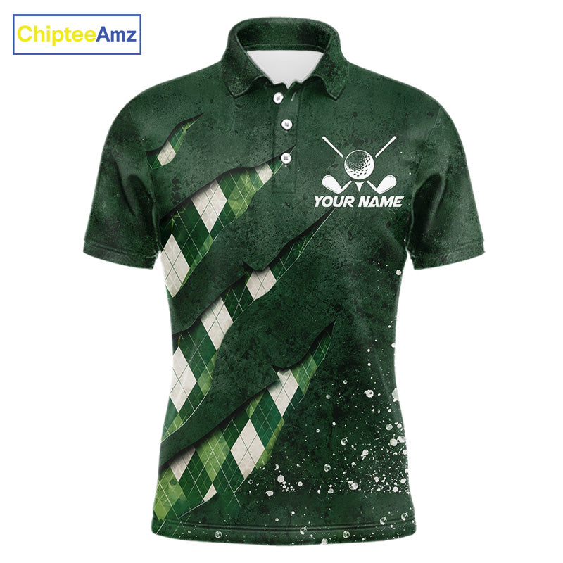 Front views of a green argyle plaid pattern golf polo shirt, chest name text.