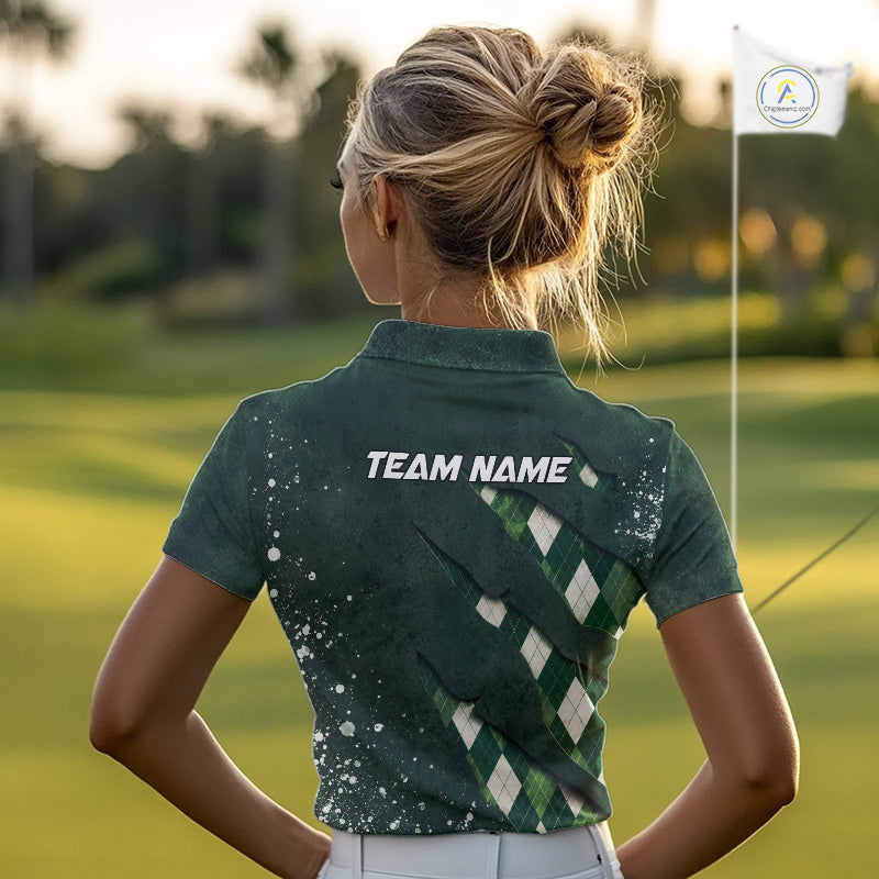 A woman wearing a green argyle golf polo shirt with “Team Name” on the back.