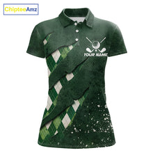 Load image into Gallery viewer, Front views of a womens green argyle pattern golf polo shirt, chest name text.
