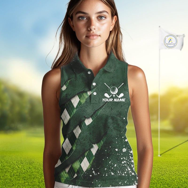 A woman wearing a green argyle pattern sleeveless golf polo shirt with “Your Name” on the chest.