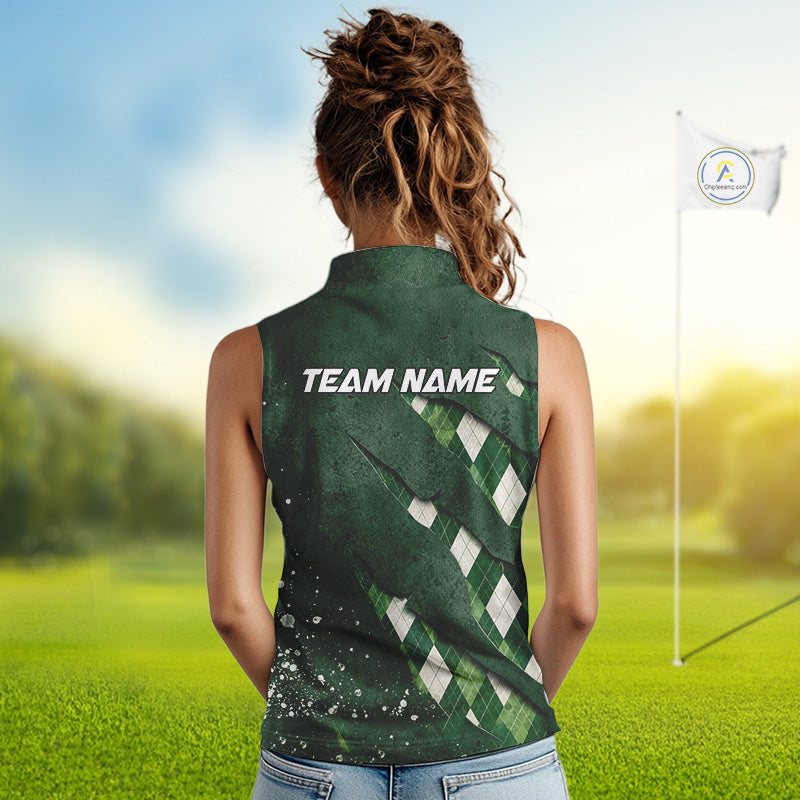 A woman wearing a green argyle pattern sleeveless golf polo shirt with “Team Name” on the back.