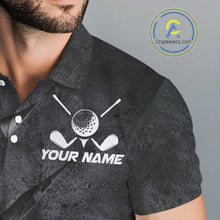 Load image into Gallery viewer, Close-up breathable fabric of gray argyle pattern golf polo shirt with “Your Name” and cross golf clubs on the chest.