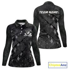 Load image into Gallery viewer, Front and back views of a womens green argyle pattern long sleeve golf polo shirt, chest name text, and team name on the back.