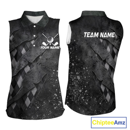 Front and back views of a womens gray argyle pattern sleeveless golf polo shirt, name text on the chest and team name on the back.