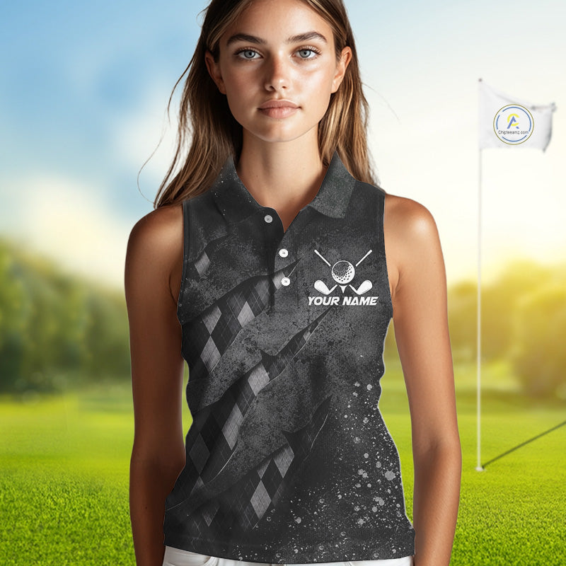 A woman wearing a green argyle pattern golf polo shirt with “Your Name” on the chest.