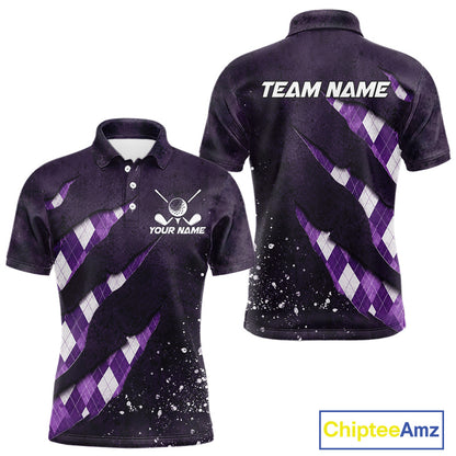 Front and back views of a purple argyle plaid pattern golf polo shirt, chest name text, and team name on the back.