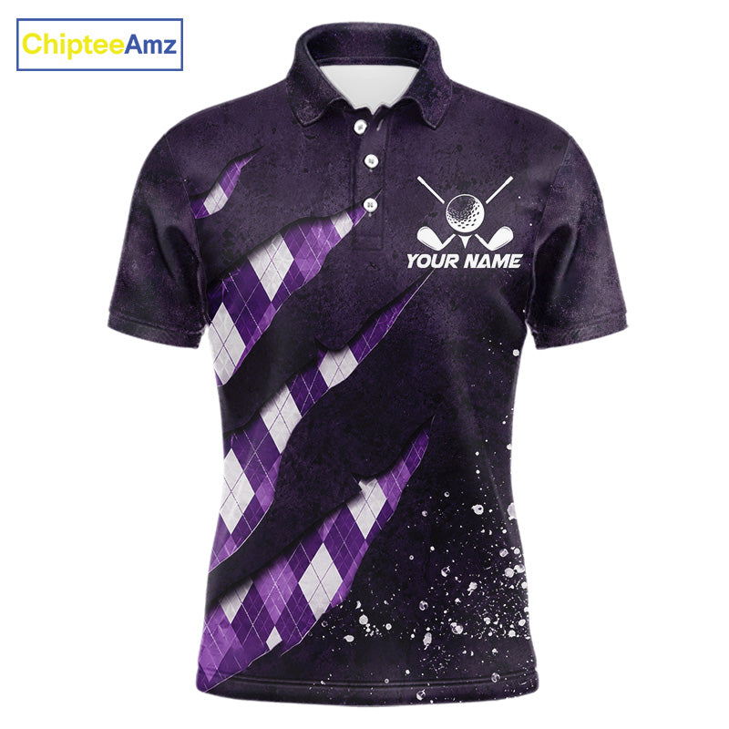 Front views of a purple argyle plaid pattern golf polo shirt, chest name text.