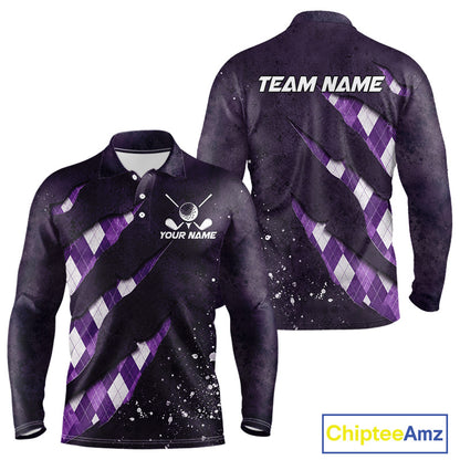 Front and back views of a purple argyle plaid pattern long sleeve golf polo shirt, chest name text, and team name on the back.