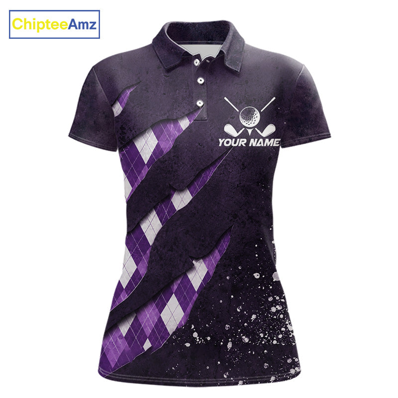 Front views of a womens purple argyle pattern golf polo shirt, chest name text, and team name on the back.