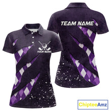 Load image into Gallery viewer, Front and back views of a womens purple argyle pattern golf polo shirt, chest name text, and team name on the back.