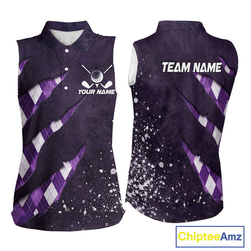 Front and back views of a womens green argyle pattern sleeveless golf polo shirt, chest name text, and team name on the back.