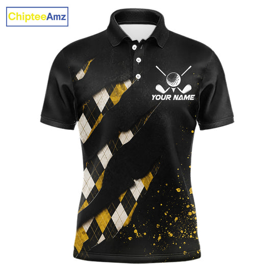 Front views of a black, yellow argyle plaid pattern golf polo shirt, chest name text.
