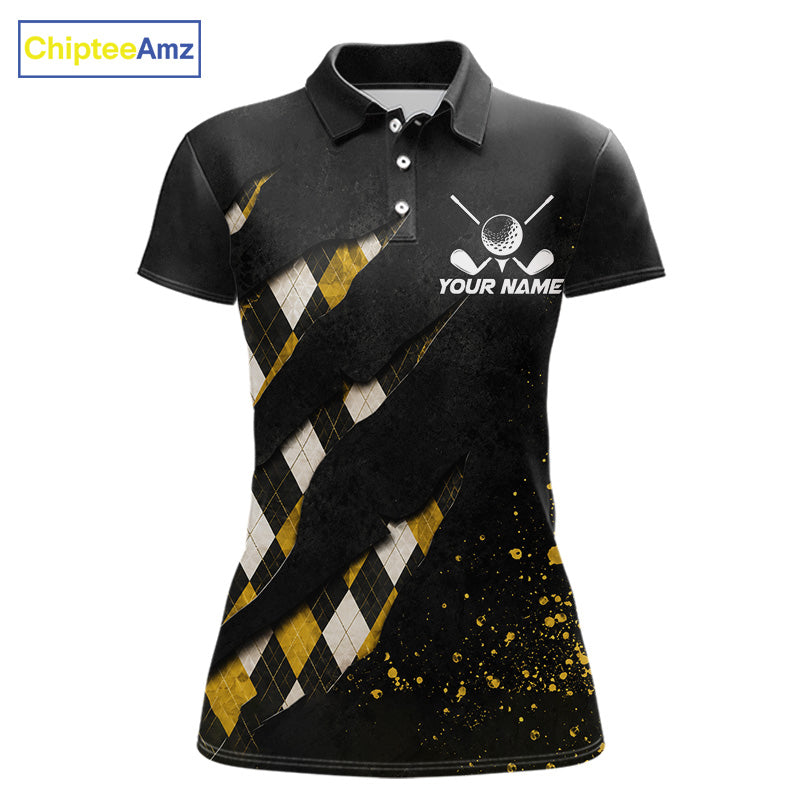 Front views of a womens green argyle pattern golf polo shirt, chest name text.