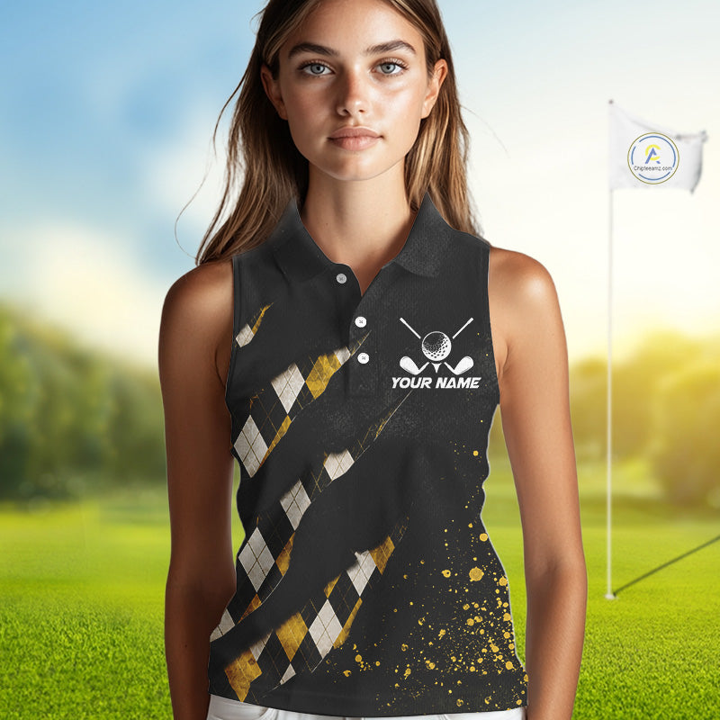 A woman wearing a black and yellow argyle golf polo shirt with “Your Name” and a golf clubs graphic on the chest.