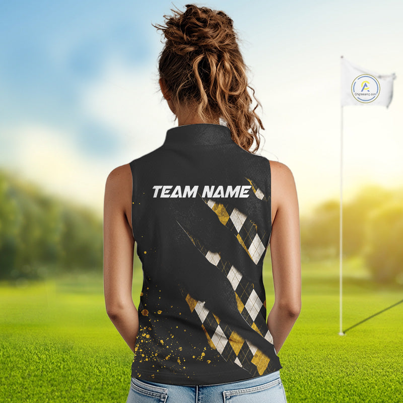 A woman wearing a green argyle golf polo shirt with “Team Name” on the back.