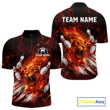 Load image into Gallery viewer, Front and back view of Red Flame Lion Custom Men Bowling Quarter Zip Shirts Bowling League Shirts Bowling Team Jerseys