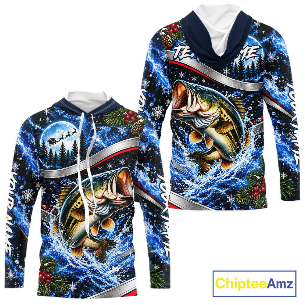 Personalized Christmas Bass Fishing Long Sleeve Hooded Fishing Shirts, Xmas Fishing Gifts For Men NBT1252