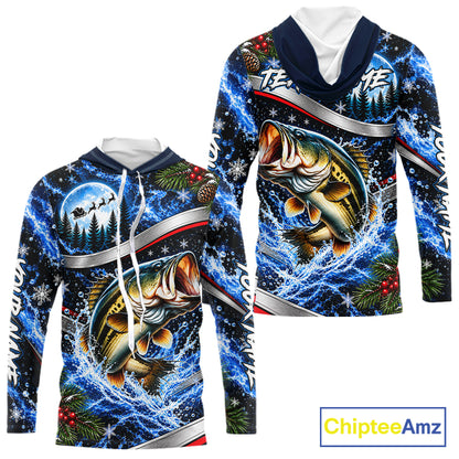 Personalized Christmas Bass Fishing Long Sleeve Hooded Fishing Shirts, Xmas Fishing Gifts For Men NBT1252