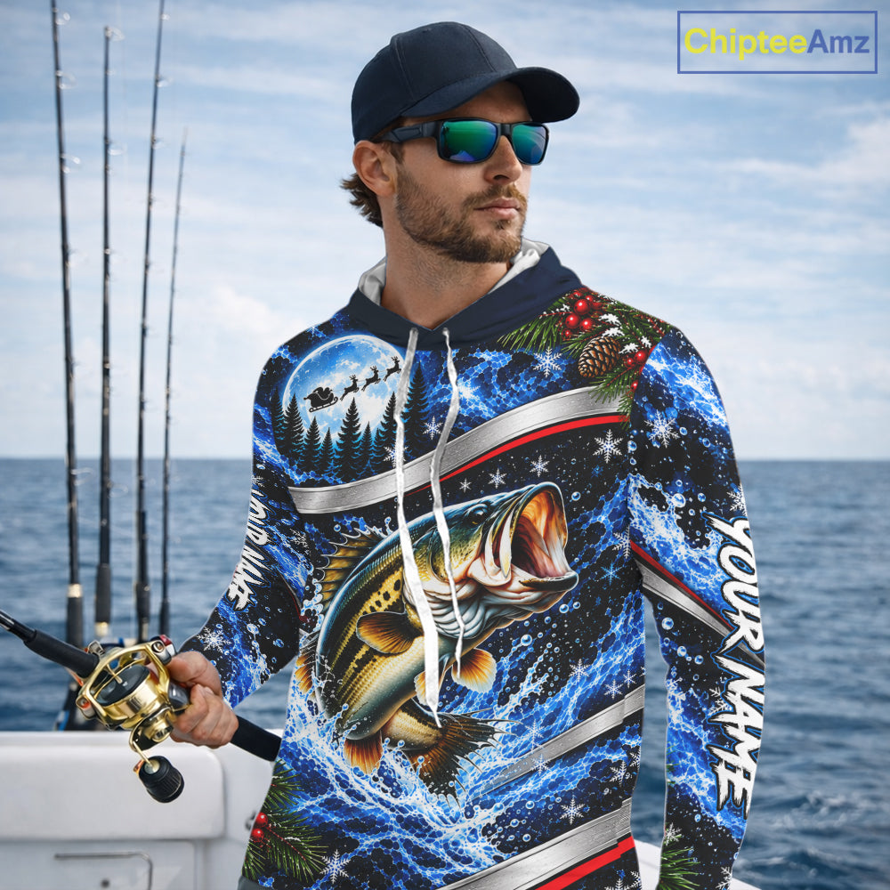 Personalized Christmas Bass Fishing Long Sleeve Hooded Fishing Shirts, Xmas Fishing Gifts For Men NBT1252