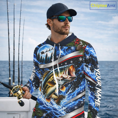Personalized Christmas Bass Fishing Long Sleeve Hooded Fishing Shirts, Xmas Fishing Gifts For Men NBT1252