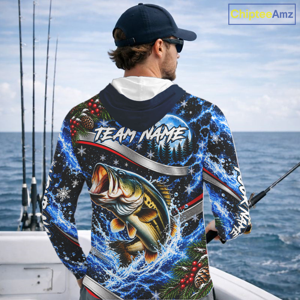 Personalized Christmas Bass Fishing Long Sleeve Hooded Fishing Shirts, Xmas Fishing Gifts For Men NBT1252