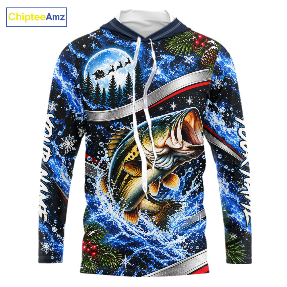 Personalized Christmas Bass Fishing Long Sleeve Hooded Fishing Shirts, Xmas Fishing Gifts For Men NBT1252