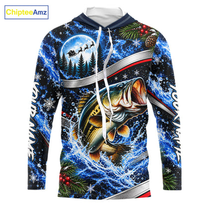 Personalized Christmas Bass Fishing Long Sleeve Hooded Fishing Shirts, Xmas Fishing Gifts For Men NBT1252