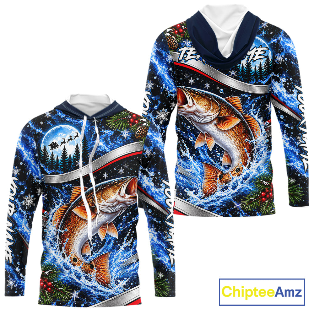 Personalized Christmas Redfish Fishing Long Sleeve Hooded Fishing Shirts, Xmas Fishing Gifts For Men NBT1253