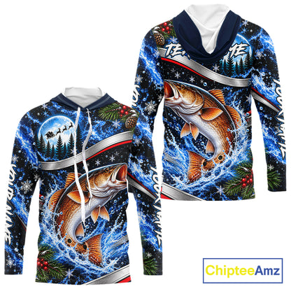 Personalized Christmas Redfish Fishing Long Sleeve Hooded Fishing Shirts, Xmas Fishing Gifts For Men NBT1253