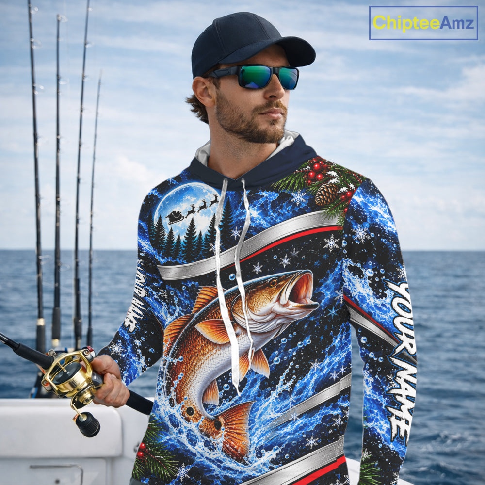 Personalized Christmas Redfish Fishing Long Sleeve Hooded Fishing Shirts, Xmas Fishing Gifts For Men NBT1253