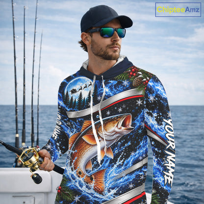 Personalized Christmas Redfish Fishing Long Sleeve Hooded Fishing Shirts, Xmas Fishing Gifts For Men NBT1253