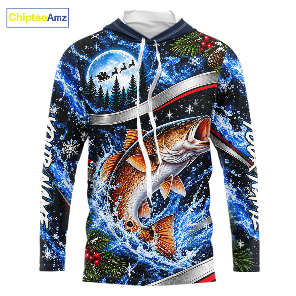 Personalized Christmas Redfish Fishing Long Sleeve Hooded Fishing Shirts, Xmas Fishing Gifts For Men NBT1253