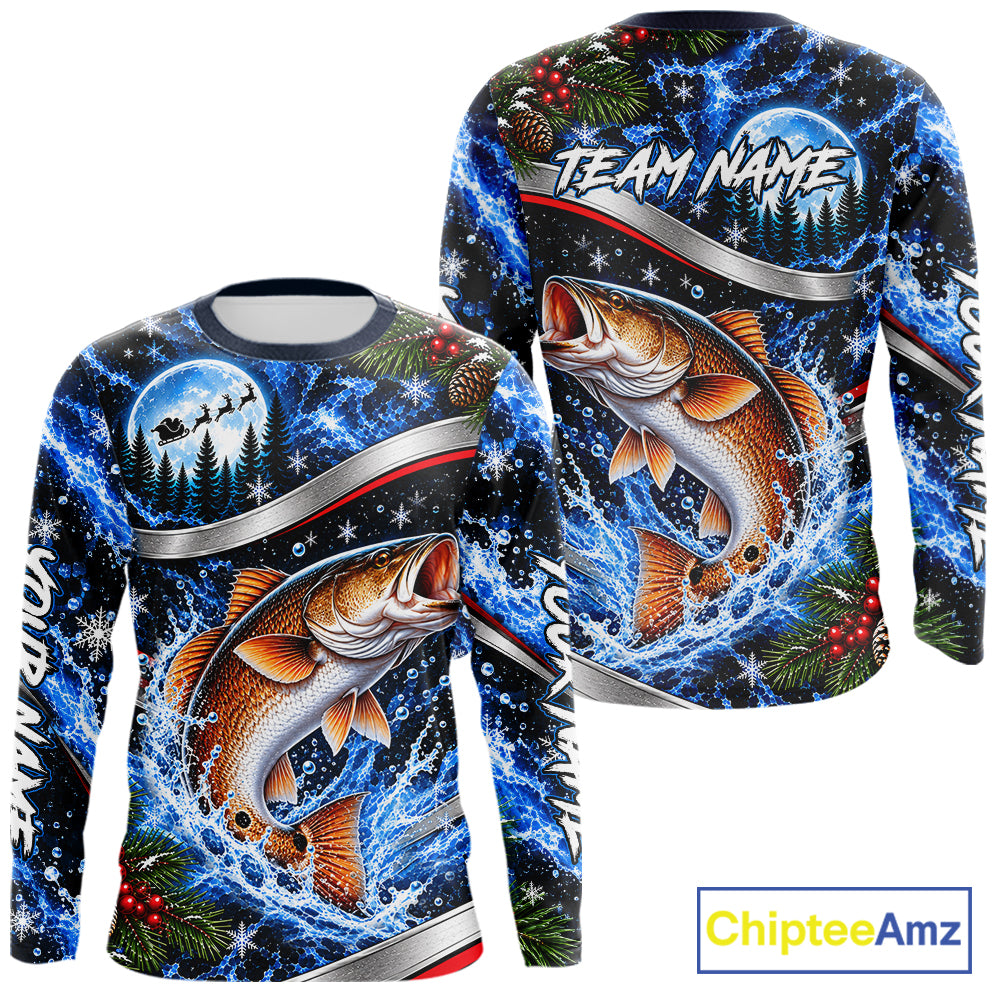 Personalized Christmas Redfish Fishing Long Sleeve Fishing Shirts, Xmas Fishing Gifts For Men NBT1253