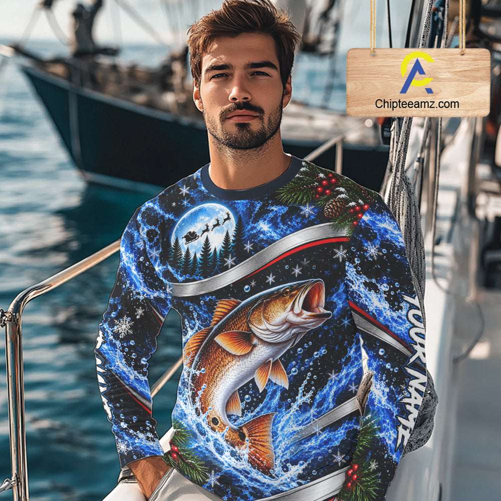 Personalized Christmas Redfish Fishing Long Sleeve Fishing Shirts, Xmas Fishing Gifts For Men NBT1253