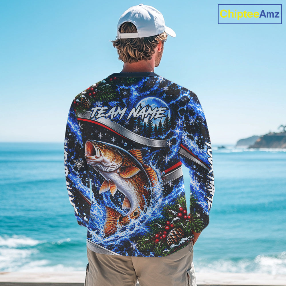 Personalized Christmas Redfish Fishing Long Sleeve Fishing Shirts, Xmas Fishing Gifts For Men NBT1253