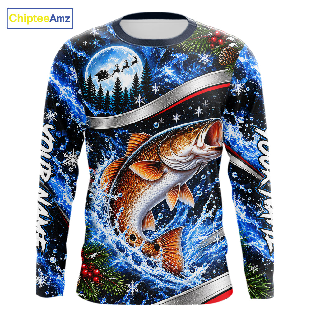 Personalized Christmas Redfish Fishing Long Sleeve Fishing Shirts, Xmas Fishing Gifts For Men NBT1253