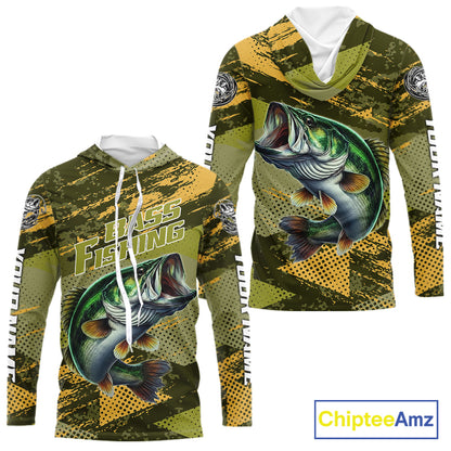 Green Camo Custom Largemouth Bass Fishing Shirts with Hood For Men, Bass Fishing Jerseys NBT438