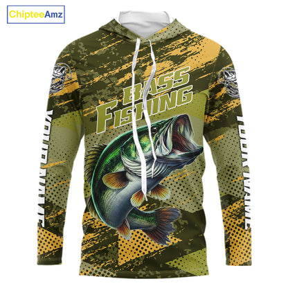 Green Camo Custom Largemouth Bass Fishing Shirts with Hood For Men, Bass Fishing Jerseys NBT438