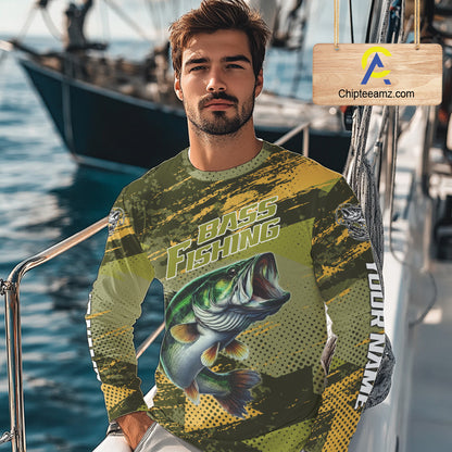Green Camo Custom Largemouth Bass Fishing Shirts For Men, Bass Fishing Jerseys NBT438