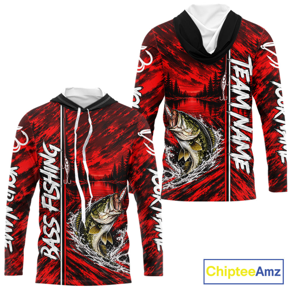 Personalized Red Bass Fishing Sport Jerseys, Bass Fishing Long Sleeve Hooded Tournament Shirts NBT1116