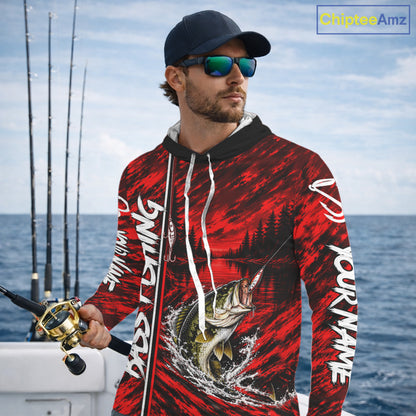 Personalized Red Bass Fishing Sport Jerseys, Bass Fishing Long Sleeve Hooded Tournament Shirts NBT1116