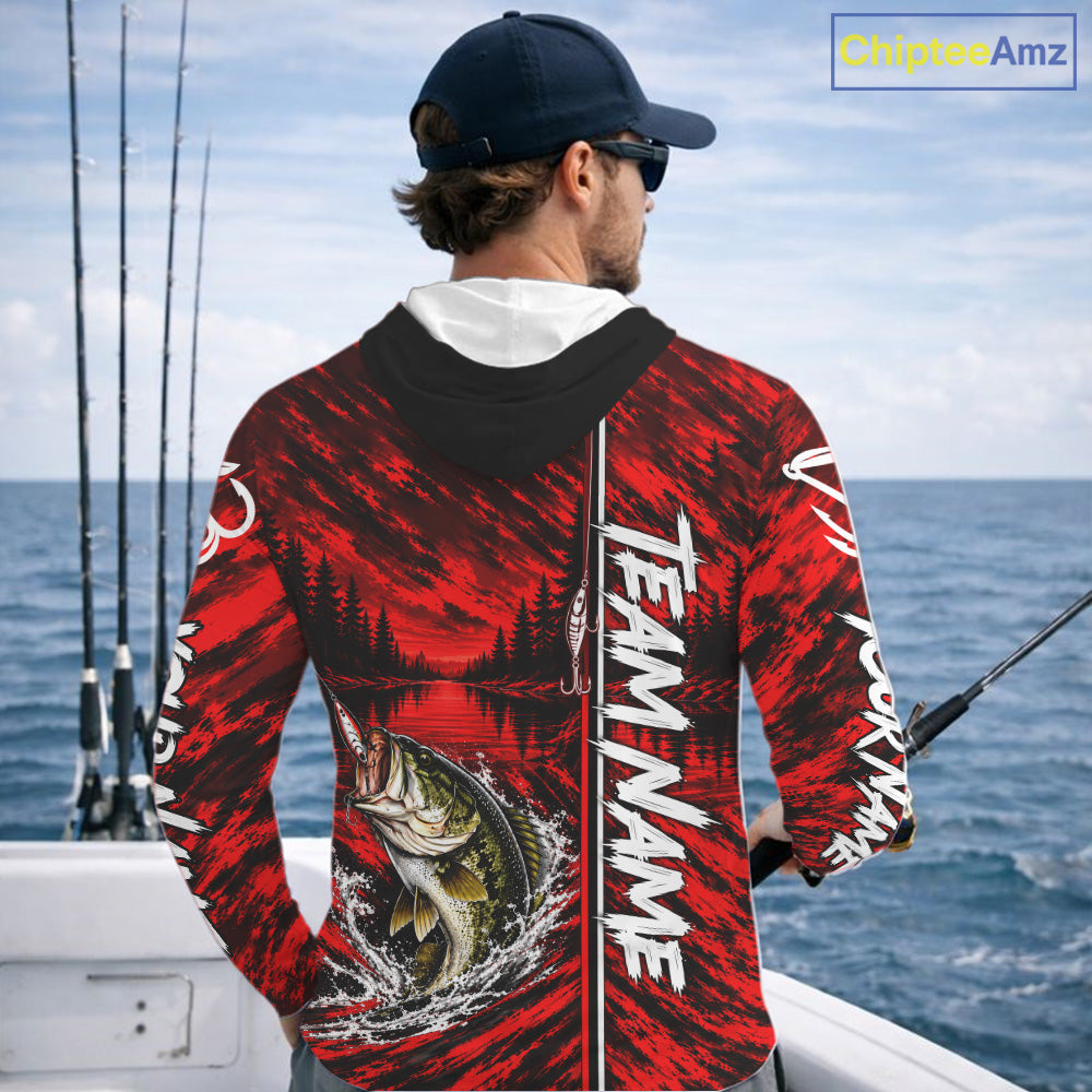 Personalized Red Bass Fishing Sport Jerseys, Bass Fishing Long Sleeve Hooded Tournament Shirts NBT1116