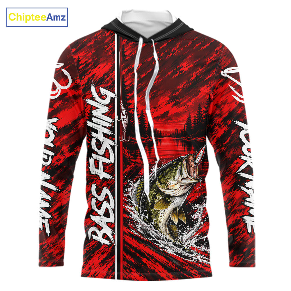 Personalized Red Bass Fishing Sport Jerseys, Bass Fishing Long Sleeve Hooded Tournament Shirts NBT1116