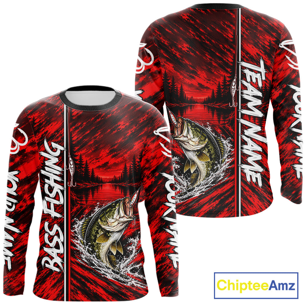 Personalized Red Bass Fishing Sport Jerseys, Bass Fishing Long Sleeve Tournament Shirts NBT1116