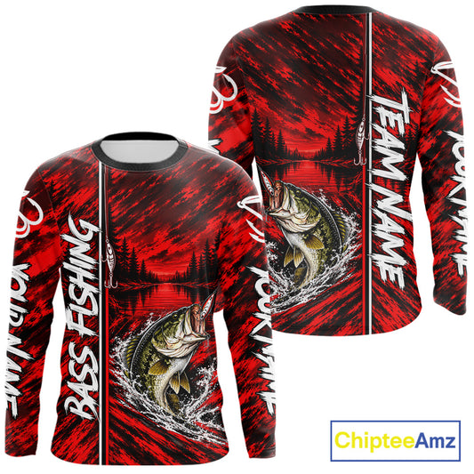 Personalized Red Bass Fishing Sport Jerseys, Bass Fishing Long Sleeve Tournament Shirts NBT1116
